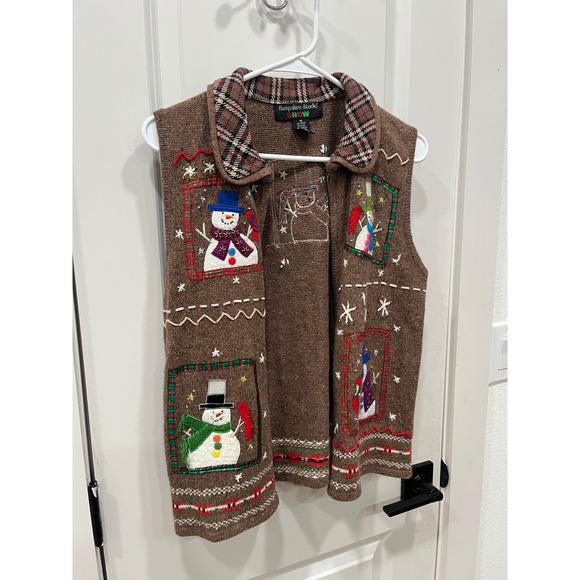 Hampshire Studio SNOW Women's Brown Snowman Ugly Christmas Sweater Vest Size M - Picture 2 of 12
